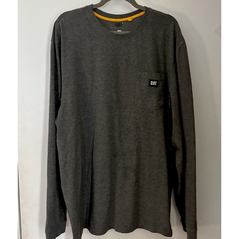 Caterpillar Long Sleeve Shirt Crew Neck XXL Pocket Tee Workwear Grey
